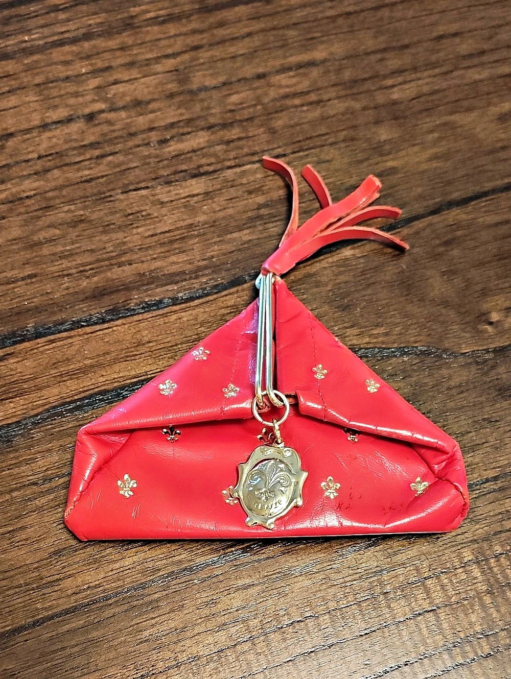 Vintage Italian Red Leather Triangle Coin Purse Gold Fleur De Lis Fiocchi Italy